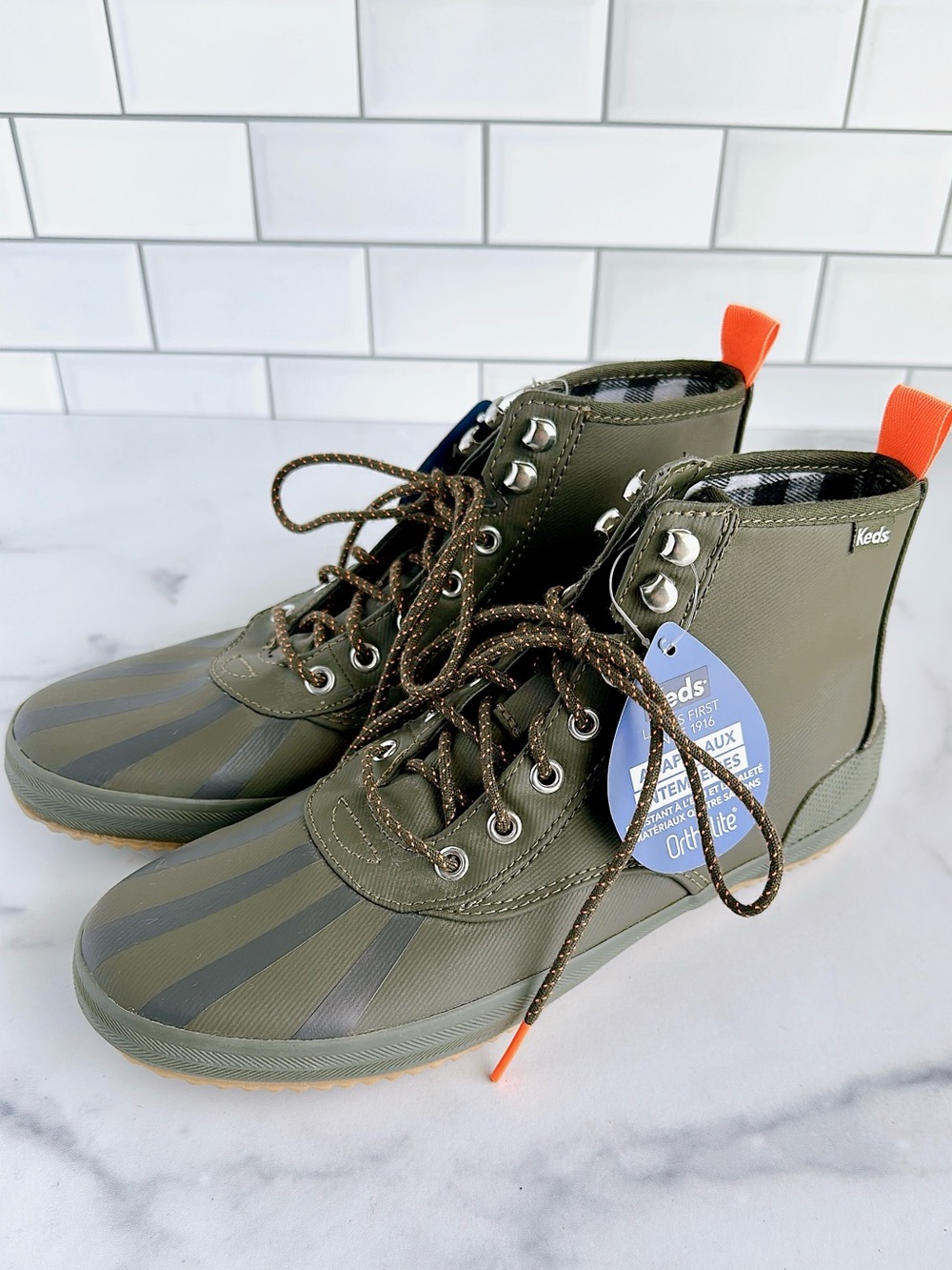 Keds Olive Green Striped High-Top Lace-Up Sneakers with Orange Pull Tabs
